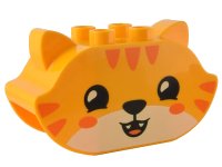 LEGO part Duplo, Brick 2 x 5 x 2 1/2 Pointed Ends, Ears on Sides with Black Eyes and Nose, White Face, Orange Stripes, and Open Eyes / Closed Eyes Pattern 79788pb02