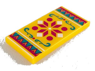 LEGO onderdeel Tile 2 x 4 with Magenta and White Geometric, Dark Turquoise Filigree, Dark Turquoise and Magenta Triangles Border Pattern (87079pb0643)