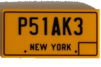 LEGO part Tile 2 x 4 with Black 'P51AK3' and 'NEW YORK' Pattern 87079pb0900