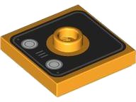 LEGO part Plate, Modified 2 x 2 with Groove and 1 Stud in Center with Two White Circles (Lights) and Grille on Black Square with Rounded Corners Pattern 87580pb004