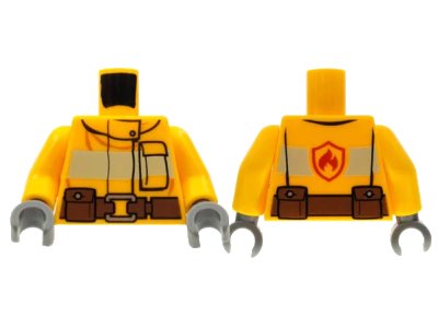 LEGO onderdeel Torso Fire Suit with Stripe and Brown Utility Belt and Fire Logo on Back Pattern / Bright Light Orange Arms / Dark Bluish Gray Hands (973pb1011c01)