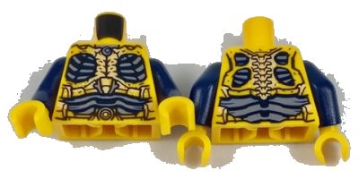 LEGO onderdeel Torso Parademon Armor Skeletal with Vertebrae, Dark Blue and Sand Blue Detail Pattern / Dark Blue Arms / Bright Light Orange Hands (973pb2852c01)