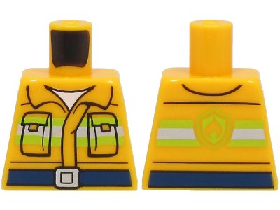 LEGO onderdeel Torso Fire Reflective Stripes with Pockets, Dark Blue Belt, and Fire Logo on Back Pattern (973pb3384)
