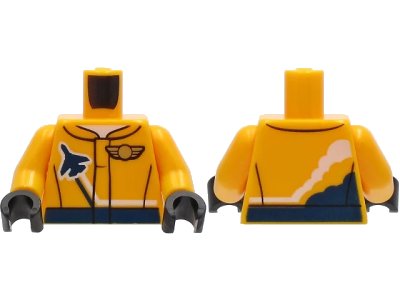 LEGO onderdeel Torso Jacket with Dark Blue Stripe, Airplane and Gold Logo Pin Pattern / Bright Light Orange Arms / Black Hands (973pb4174c01)