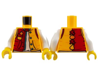 LEGO onderdeel Torso Jacket, Red on Right, Medium Azure Snaps and Hem, Fruit and Chinese Logogram '大' (Big) on Back, White Shirt Pattern / White Arms / Yellow Hands (973pb5019c01)