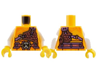 LEGO onderdeel Torso Robe with Orange Lines, Medium Lavender, Coral and Silver Outlined Armor and Belt with Black Buckle with White Outlined Hourglass Pattern / White Arms / Yellow Hands (973pb5345c01)