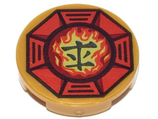 LEGO onderdeel Tile, Round 2 x 2 with Bottom Stud Holder with Airjitzu Fire Symbol in Red Octagon Pattern (14769pb065)