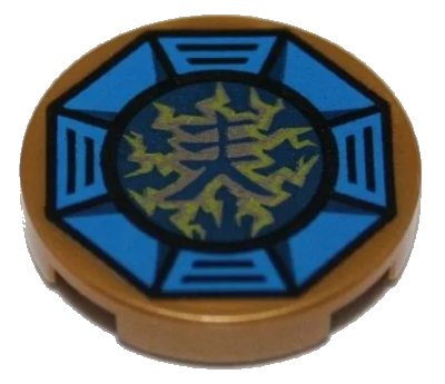 LEGO onderdeel Tile, Round 2 x 2 with Bottom Stud Holder with Airjitzu Lightning Symbol in Blue Octagon Pattern (14769pb066)