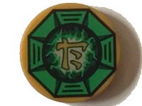 LEGO part Tile, Round 2 x 2 with Bottom Stud Holder with Airjitzu Lightning Symbol in Green Octagon Pattern 14769pb143