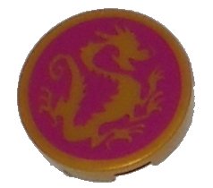LEGO part Tile, Round 2 x 2 with Bottom Stud Holder with Pearl Gold Dragon on Magenta Background Pattern (14769pb203)