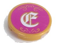 LEGO part Tile, Round 2 x 2 with Bottom Stud Holder with Filigree and White Character on Magenta Background Pattern 14769pb204