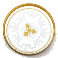 LEGO part Fliese, Rund 2 x 2 mit Stifthalter unten mit silbernen Zinnen und goldenem Wurfsternsymbol Muster 14769pb217