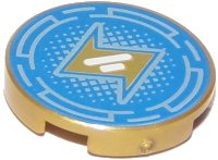 LEGO part Carreau, Rond 2 x 2 with Bottom Stud Holder with Gold Lightning Bolt and Metallic Light Blue Broken Circles and Dots on Blue Background Pattern 14769pb220