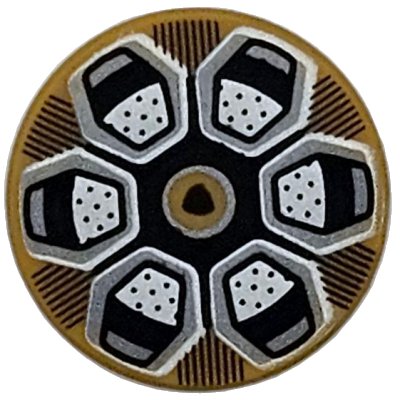 LEGO part Tile, Round 2 x 2 with Bottom Stud Holder with Wheel Rim with Silver Hexagonal Spokes, Black Lines and Lamborghini Logo Pattern (14769pb694)