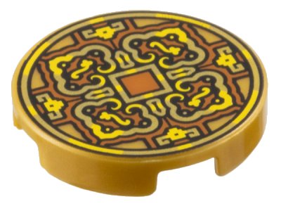 LEGO part Fliese, Rund 2 x 2 mit Stifthalter unten mit Gold und Gelb 4 Blütenblatt Blumendesign und Quadrat auf Dunkelorange Hintergrundmuster (Münze) (14769pb726)