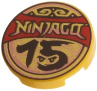 LEGO onderdeel Tile, Round 2 x 2 with Bottom Stud Holder with 'NINJAGO 15', Red Banner, Copper Trim Pattern 14769pb833