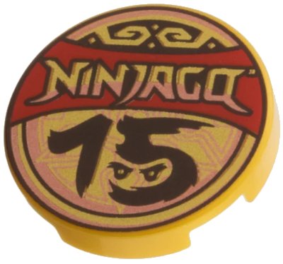 LEGO onderdeel Tile, Round 2 x 2 with Bottom Stud Holder with 'NINJAGO 15', Red Banner, Copper Trim Pattern (14769pb833)