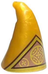 LEGO onderdeel Minifigure, Headgear Hat, Cone Drooping, Wizard with Copper Triangle, Gold Ornate Circles and Border with Dark Brown Outline Pattern 17349pb04