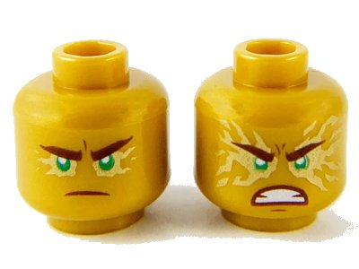 LEGO onderdeel Minifigure, Head Dual Sided Reddish Brown Eyebrows and Mouth, Green Eyes with Gold Energy Effect, Frown / Fierce Outburst Pattern - Hollow Stud (3626pb2290)