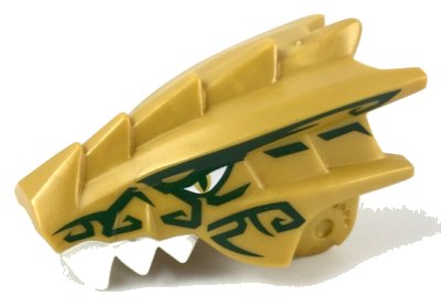 LEGO part Dragon Head (Ninjago) Jaw Upper with White Teeth, Gold Eyes, and Dark Green Decorations Pattern (40933pb01)