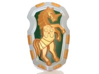 LEGO part Large Figure Shield, 2 x 2 Brick Relief, Armored Horse (Unicorn) with Dark Green and Light Bluish Gray Pattern 54181pb01