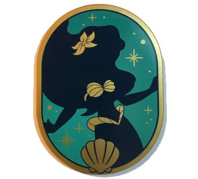 LEGO onderdeel Tile, Round 6 x 8 Oval with Dark Blue Ariel Silhouette with Flower and Shell Bra, Gold Dots and Sparkles on Dark Turquoise Background Pattern (65474pb03)