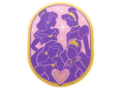 LEGO onderdeel Tile, Round 6 x 8 Oval with Dark Purple Belle, Cinderella, Ariel, and Tiana with Gold Trim on Metallic Pink Background, Heart Jewel Pattern (65474pb07)