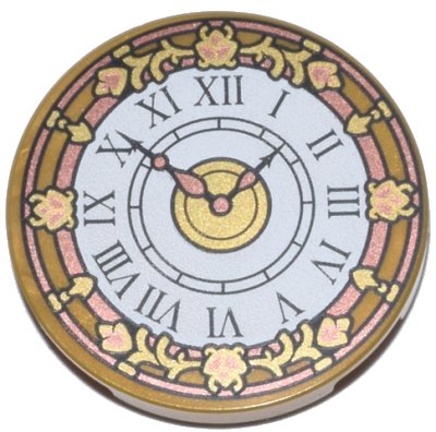 LEGO part Tile, Round 3 x 3 with White Clock Face, Copper and Gold Hands, Border, and Filigree and Black Roman Numerals Pattern (67095pb085)