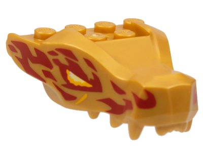 LEGO onderdeel Dragon Head (Ninjago) Jaw with 2 Bar Handles on Back with Bright Light Orange and Bright Light Yellow Eyes and Red Flames Pattern (72362pb05)