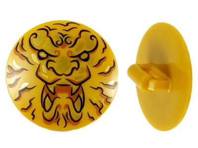 LEGO onderdeel Minifigure, Shield Circular Convex Face with Black and Gold Ninjago Lion Head Pattern (75902pb17)