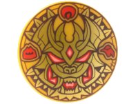 LEGO part Minifigure, Shield Circular Convex Face with Gold and Dark Brown Dragon Face, Red and Coral Eyes, Mouth, and Symbols Pattern 75902pb30