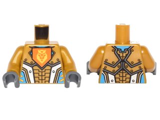 LEGO part Torso Nexo Knights Armor with Orange Emblem with King Pattern / Pearl Gold Arms / Dark Bluish Gray Hands (973pb2242c01)