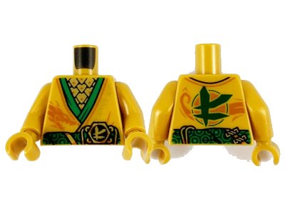 LEGO onderdeel Torso Tunic with Green Hems and Sash, Gold Scale Armor, Dark Orange Dragon and Gold Ninjago Logogram Letter L Pattern / Pearl Gold Arms / Pearl Gold Hands (973pb4152c01)