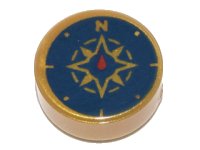 LEGO part Tile, Round 1 x 1 with Dark Blue Compass Rose and Red Needle Pattern 98138pb045