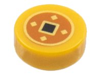 LEGO part Tile, Round 1 x 1 with Black and Gold Squares in Dark Orange Circle Pattern (Chinese Lucky Coin) 98138pb267