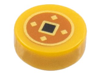 LEGO part Tile, Round 1 x 1 with Black and Gold Squares in Dark Orange Circle Pattern (Chinese Lucky Coin) (98138pb267)