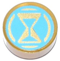 LEGO part Tile, Round 1 x 1 with Gold and Medium Azure Hourglass and Circle Pattern 98138pb404