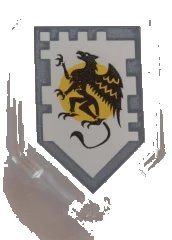 LEGO part Tile, Modified 2 x 3 Pentagonal with Nexo Power Shield Pattern - Griffon of Graciousness 22385pb134