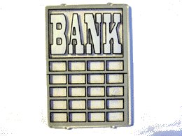 LEGO onderdeel Glass for Window 1 x 4 x 5 with White 'BANK' Pattern (Sticker) - Set 6765 (2494pb01)