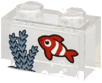 LEGO part Brick 1 x 2 without Bottom Tube with Red Fish with White Stripes and Sand Blue Seagrass on Transparent Background Pattern (Sticker) - Set 60265 3065pb09