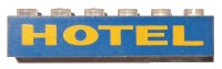LEGO part Brick 1 x 6 without Bottom Tubes with Yellow on Blue 'HOTEL' Pattern 3067pb10
