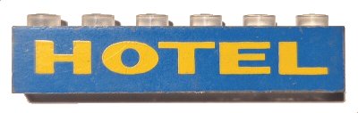 LEGO onderdeel Brick 1 x 6 without Bottom Tubes with Yellow on Blue 'HOTEL' Pattern (3067pb10)