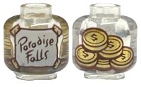 LEGO onderdeel Minifigure, Head without Face with White Label with Reddish Brown 'Paradise Falls' and Tan Tape, Gold Coins on Back Pattern - Vented Stud 3626pb3360