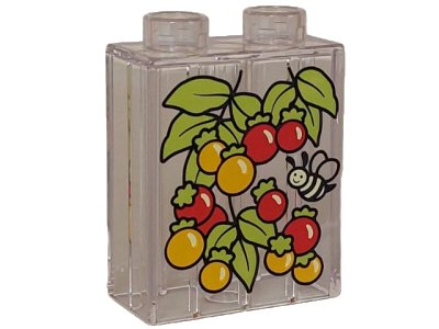 LEGO part Duplo, Brick 1 x 2 x 2 with Red and Bright Light Orange Berries, Lime Leaves and Bright Light Yellow and Black Bee Pattern (4066pb799)