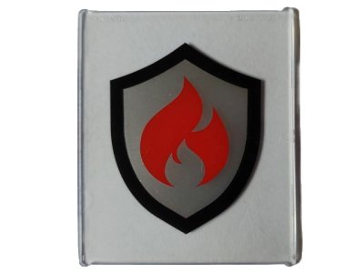 LEGO onderdeel Glass for Window 1 x 6 x 6 Flat Front  with Black and Silver Fire Logo Badge with Red Flames Pattern (42509pb08)