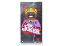 LEGO part Glass for Window 1 x 4 x 6 with 2 Red Stars, Joker Figure and 'THE JOKER' on Silver Mirrored Background Pattern (Sticker) - Set 76035 57895pb035