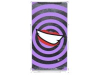 LEGO part Glass for Window 1 x 4 x 6 with Medium Lavender Swirls and Lopsided Open Mouth Smile with Teeth and Red Lips on Silver Mirrored Background Pattern (Sticker) - Set 76035 57895pb037