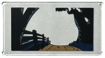 LEGO part Glass for Window 1 x 4 x 6 with Medium Nougat Dirt Road, Black Fence and Trees / Trunks with Bright Light Blue Spots, Dark Blue Bushes Pattern (57895pb127)