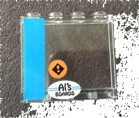 LEGO part Panel 1 x 4 x 3 with Side Supports - Hollow Studs with Dark Azure Stripe, Orange Exclamation Mark and 'Al's BOARDS' Pattern Model Left Side (Stickers) - Set 10252 60581pb123L