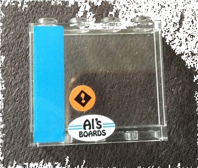 LEGO part Panel 1 x 4 x 3 with Side Supports - Hollow Studs with Dark Azure Stripe, Orange Exclamation Mark and 'Al's BOARDS' Pattern Model Left Side (Stickers) - Set 10252 (60581pb123L)